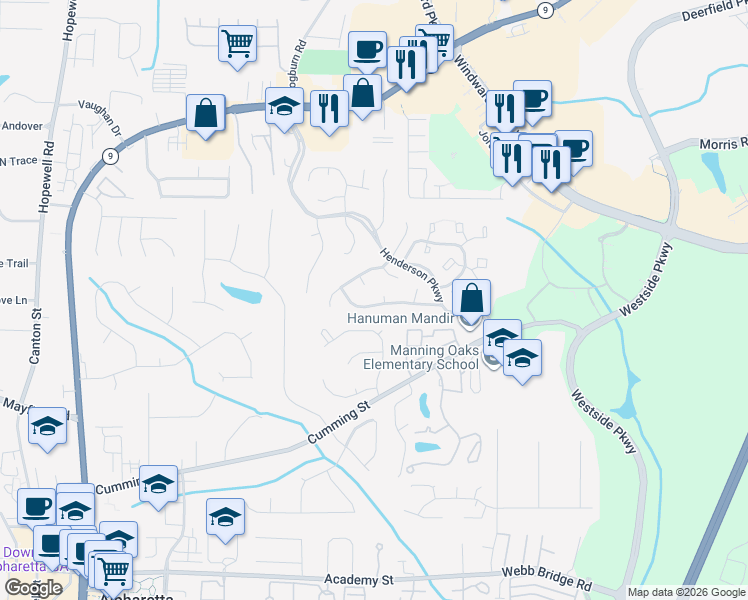 map of restaurants, bars, coffee shops, grocery stores, and more near 1145 Arborhill Lane in Alpharetta