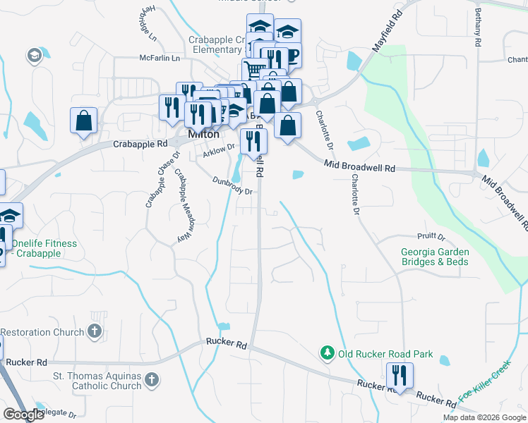 map of restaurants, bars, coffee shops, grocery stores, and more near 12474 Broadwell Road in Milton