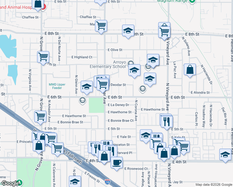 map of restaurants, bars, coffee shops, grocery stores, and more near 1509 North Marin Avenue in Ontario