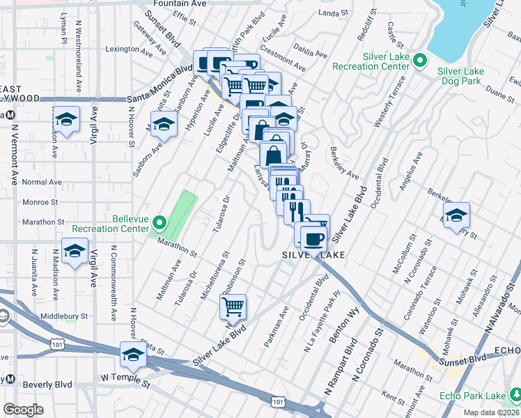 map of restaurants, bars, coffee shops, grocery stores, and more near 3381 Descanso Drive in Los Angeles