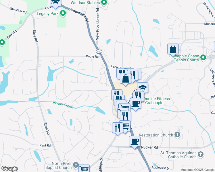 map of restaurants, bars, coffee shops, grocery stores, and more near 2040 Birchdale Drive in Alpharetta