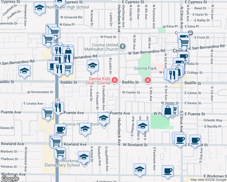 map of restaurants, bars, coffee shops, grocery stores, and more near 123 South Hollenbeck Avenue in Covina