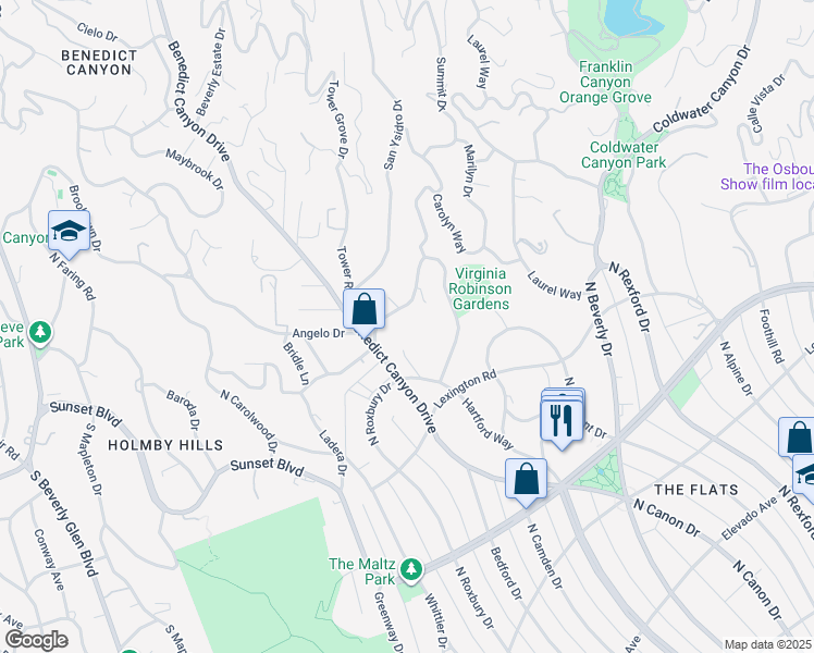 map of restaurants, bars, coffee shops, grocery stores, and more near 1022 Summit Drive in Beverly Hills