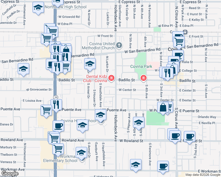 map of restaurants, bars, coffee shops, grocery stores, and more near 123 South Hollenbeck Avenue in Covina