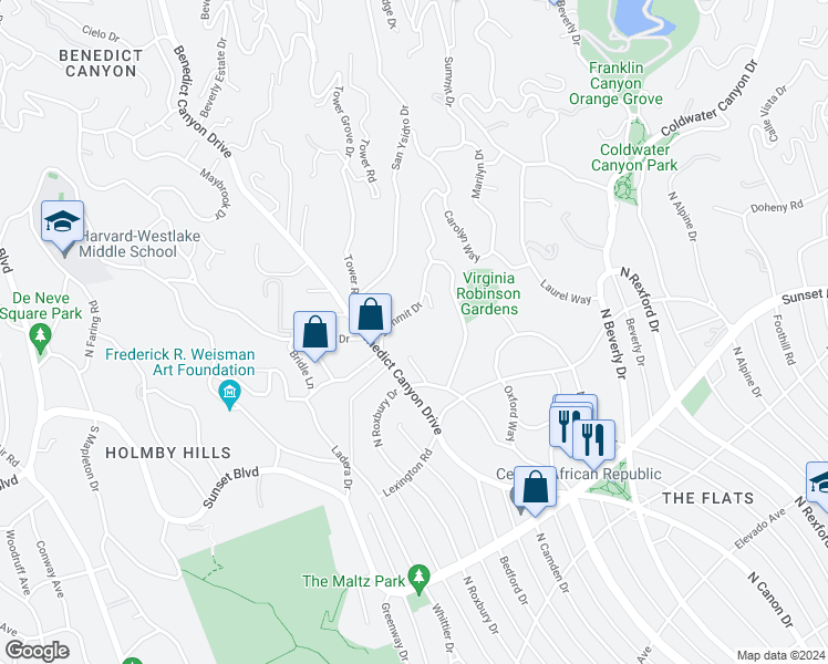 map of restaurants, bars, coffee shops, grocery stores, and more near 1022 Summit Drive in Beverly Hills