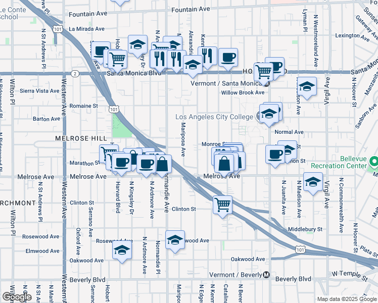 map of restaurants, bars, coffee shops, grocery stores, and more near 822 North Mariposa Avenue in Los Angeles