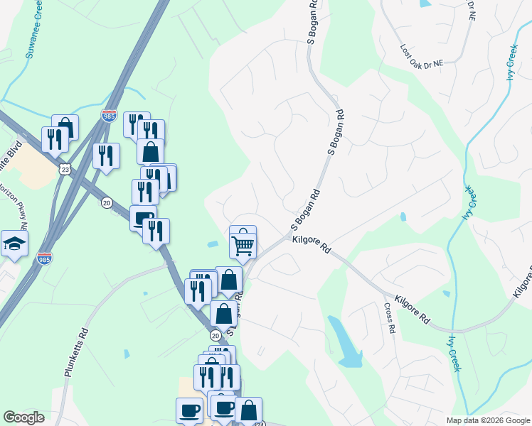 map of restaurants, bars, coffee shops, grocery stores, and more near 2065 Rock Creek Road in Buford