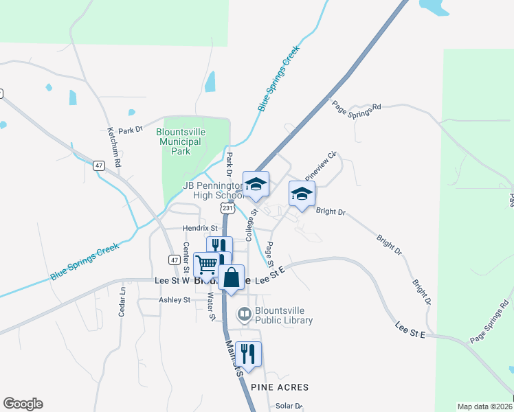map of restaurants, bars, coffee shops, grocery stores, and more near 81 College Street in Blountsville