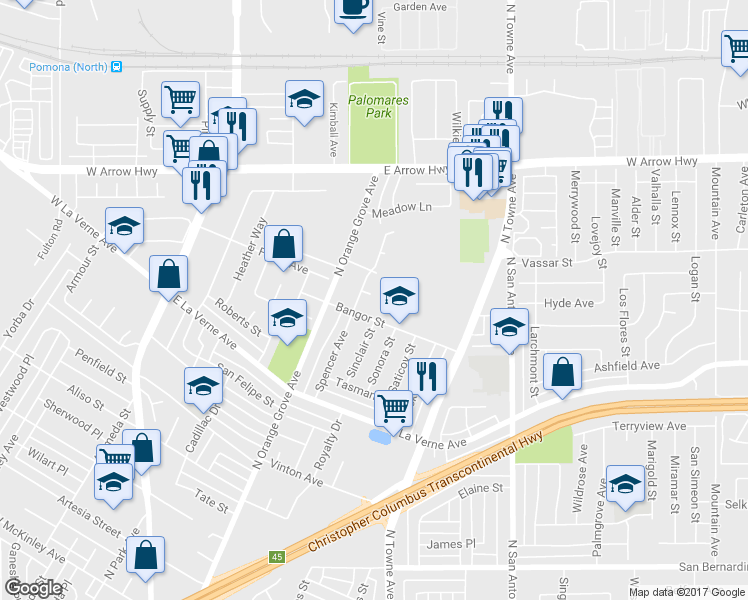 map of restaurants, bars, coffee shops, grocery stores, and more near 464 Deborah Drive in Pomona
