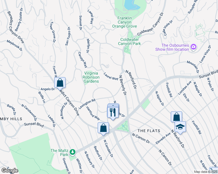 map of restaurants, bars, coffee shops, grocery stores, and more near 1006 North Crescent Drive in Beverly Hills