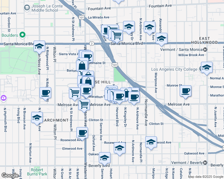 map of restaurants, bars, coffee shops, grocery stores, and more near 850 North Hobart Boulevard in Los Angeles