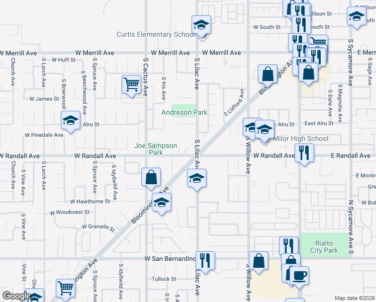 map of restaurants, bars, coffee shops, grocery stores, and more near 848 South Lilac Avenue in Rialto
