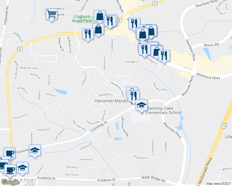 map of restaurants, bars, coffee shops, grocery stores, and more near 1045 Arborhill Lane in Alpharetta