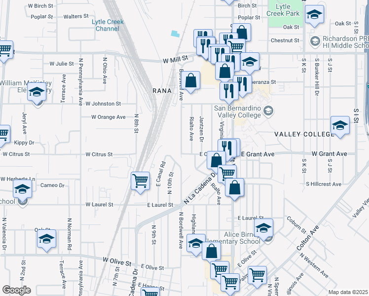 map of restaurants, bars, coffee shops, grocery stores, and more near 1530 North Bordwell Avenue in Colton
