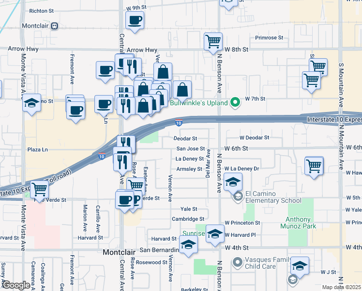 map of restaurants, bars, coffee shops, grocery stores, and more near 5562 Deodar Street in Montclair