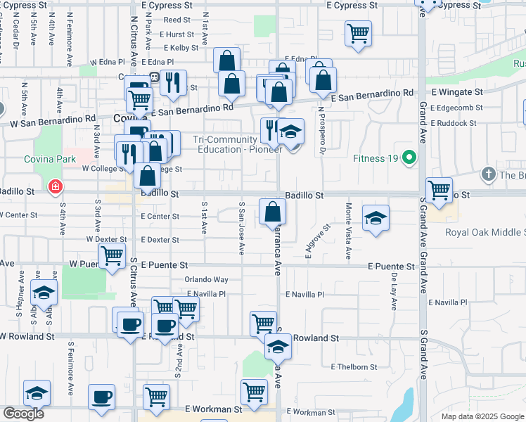 map of restaurants, bars, coffee shops, grocery stores, and more near 101 East Badillo Street in Covina