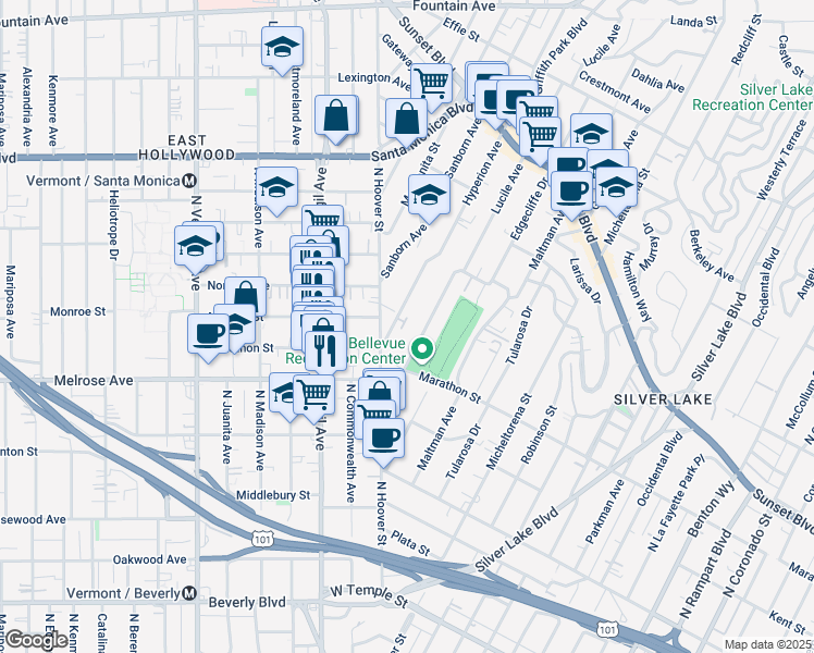 map of restaurants, bars, coffee shops, grocery stores, and more near 764 North Arthur Road in Los Angeles