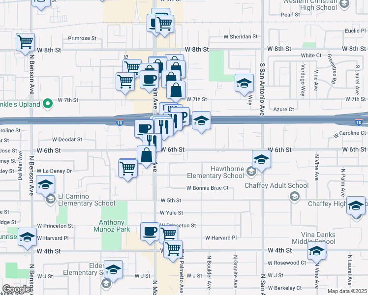 map of restaurants, bars, coffee shops, grocery stores, and more near 1520E North Mountain Avenue in Ontario