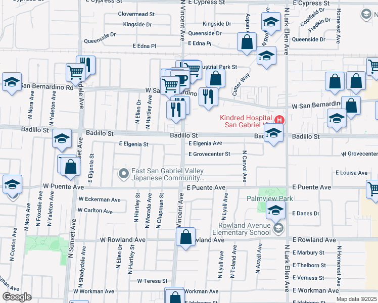 map of restaurants, bars, coffee shops, grocery stores, and more near 1037 East Grovecenter Street in West Covina