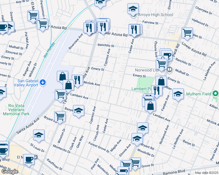 map of restaurants, bars, coffee shops, grocery stores, and more near 11138 Mc Girk Avenue in El Monte