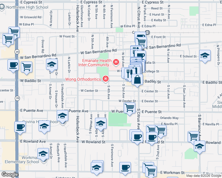 map of restaurants, bars, coffee shops, grocery stores, and more near 275 West Center Street in Covina