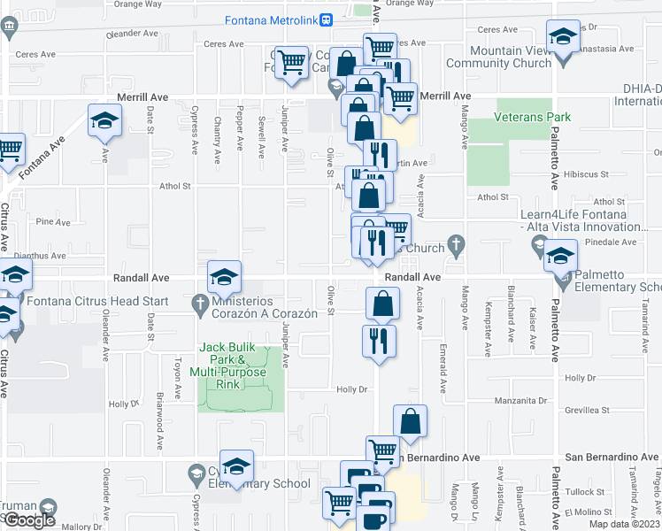 map of restaurants, bars, coffee shops, grocery stores, and more near Olive Street in Fontana