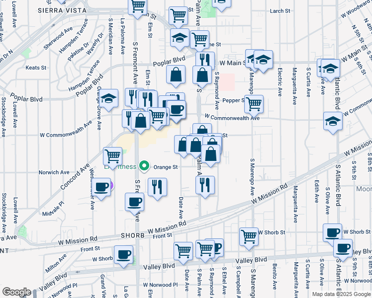 map of restaurants, bars, coffee shops, grocery stores, and more near 400 Date Avenue in Alhambra