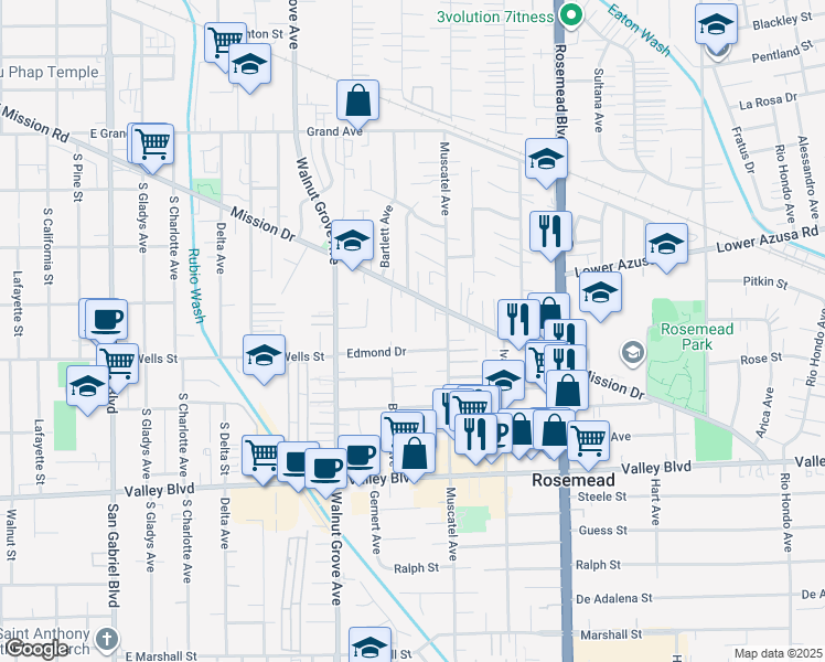map of restaurants, bars, coffee shops, grocery stores, and more near 8752 Mission Drive in Rosemead