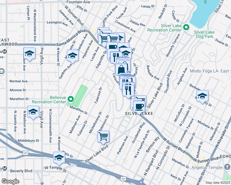 map of restaurants, bars, coffee shops, grocery stores, and more near 3381 Descanso Drive in Los Angeles