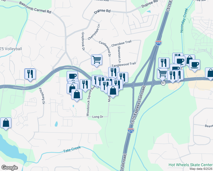 map of restaurants, bars, coffee shops, grocery stores, and more near 8885 Highway 92 in Woodstock