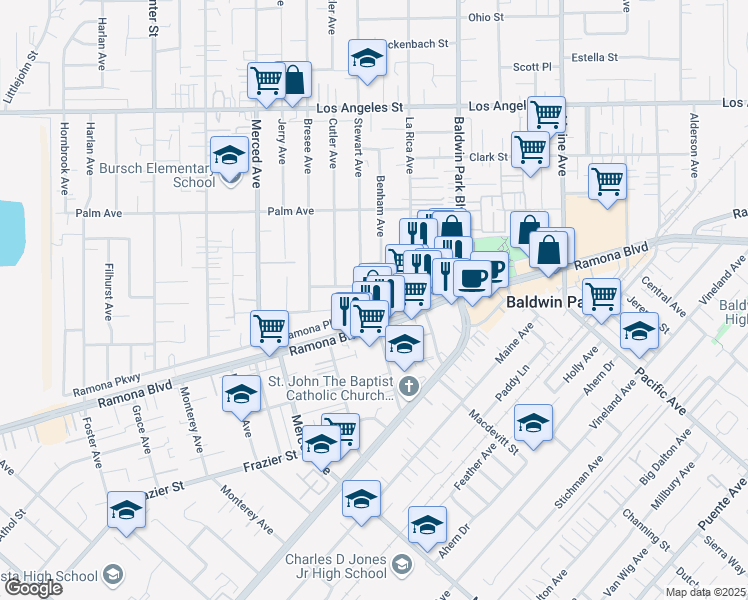 map of restaurants, bars, coffee shops, grocery stores, and more near 4000 Stewart Avenue in Baldwin Park
