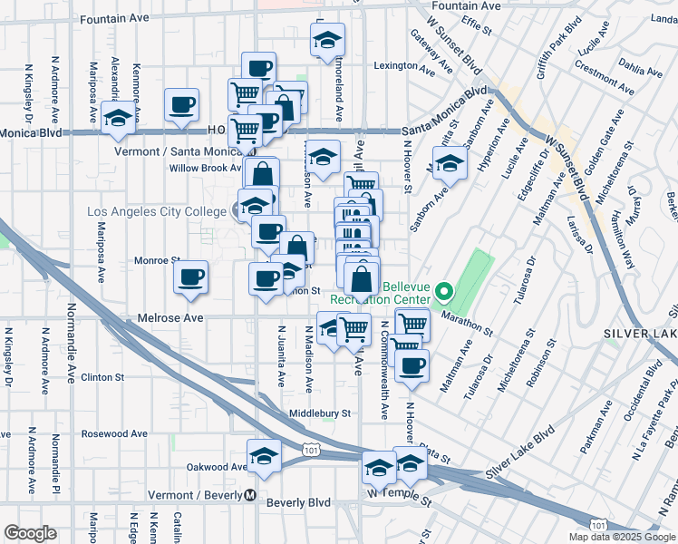 map of restaurants, bars, coffee shops, grocery stores, and more near 4145 Monroe Street in Los Angeles