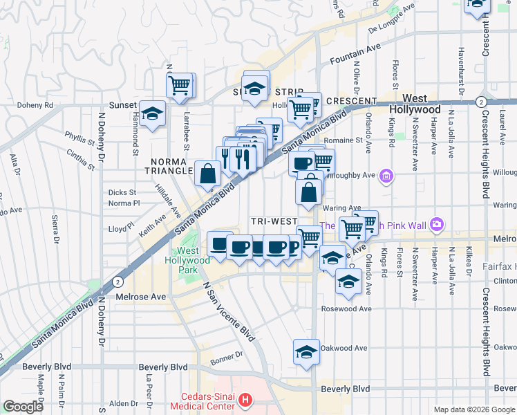 map of restaurants, bars, coffee shops, grocery stores, and more near 833 Westbourne Drive in West Hollywood