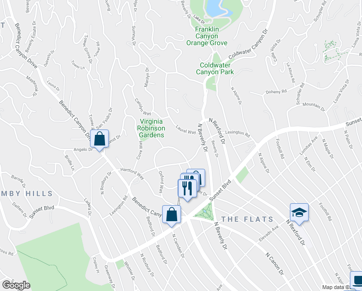 map of restaurants, bars, coffee shops, grocery stores, and more near 1006 North Crescent Drive in Beverly Hills