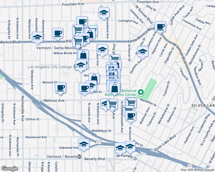 map of restaurants, bars, coffee shops, grocery stores, and more near 4124 Monroe Street in Los Angeles