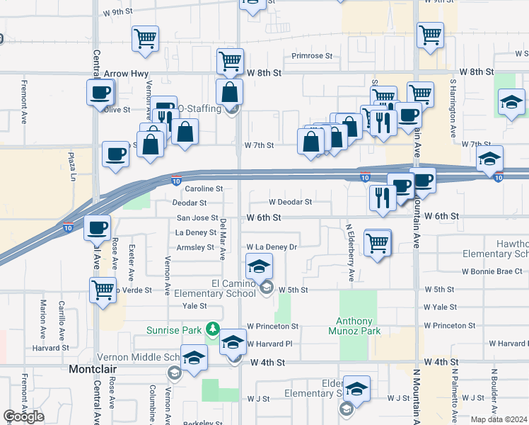 map of restaurants, bars, coffee shops, grocery stores, and more near 1512 West 6th Street in Ontario