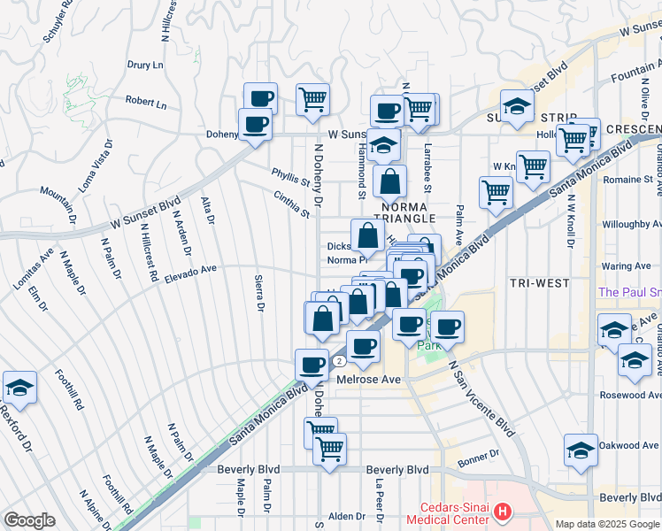 map of restaurants, bars, coffee shops, grocery stores, and more near 9036 Dicks Street in West Hollywood
