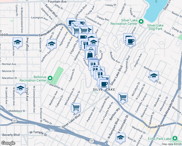 map of restaurants, bars, coffee shops, grocery stores, and more near 3209 Descanso Drive in Los Angeles