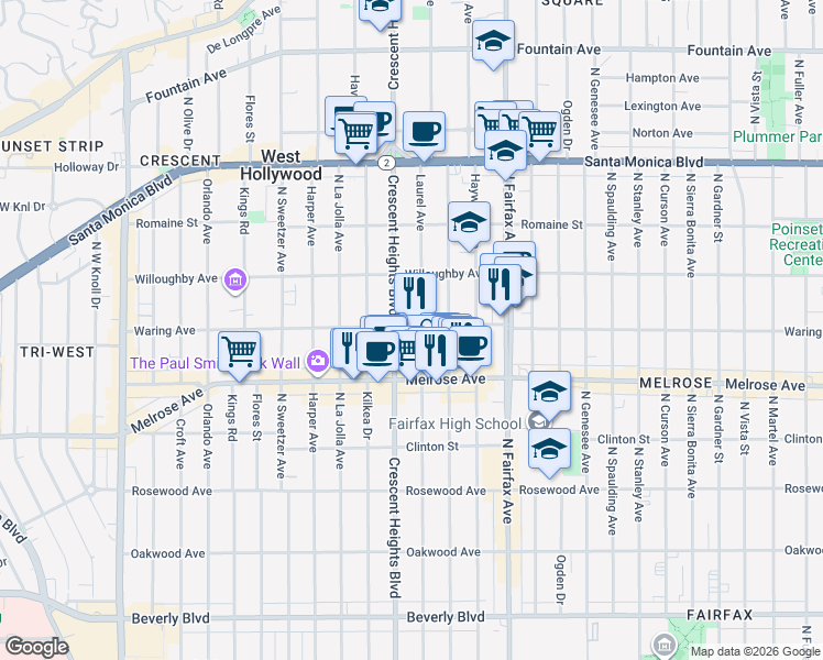 map of restaurants, bars, coffee shops, grocery stores, and more near 817n Laurel Avenue in Los Angeles