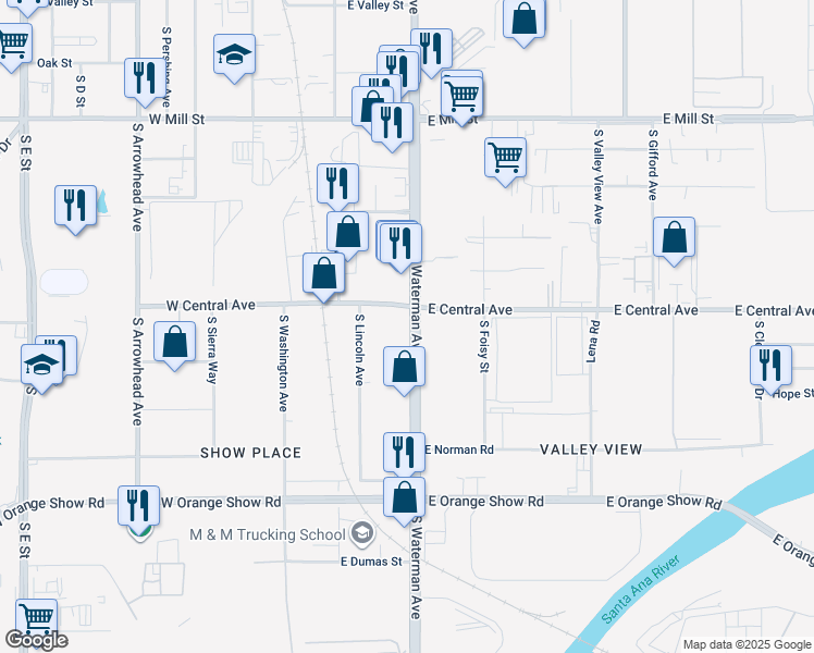 map of restaurants, bars, coffee shops, grocery stores, and more near 860 South Waterman Avenue in San Bernardino