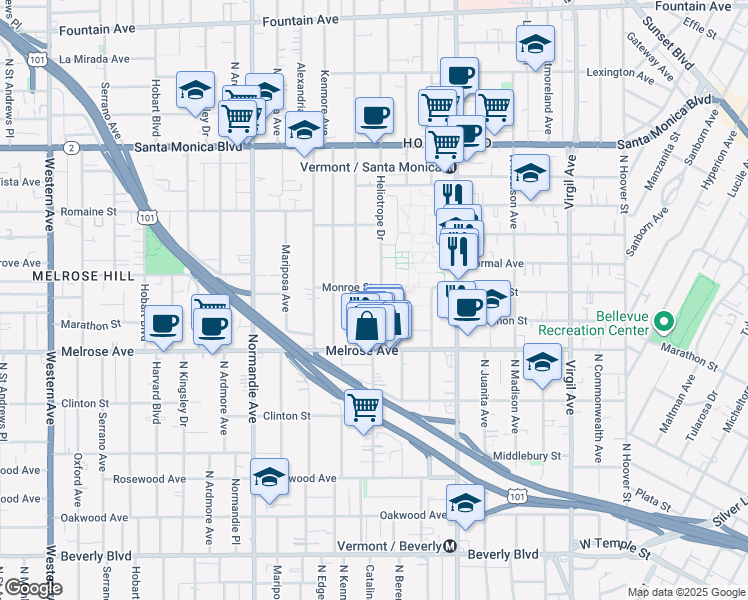 map of restaurants, bars, coffee shops, grocery stores, and more near 802 North Edgemont Street in Los Angeles
