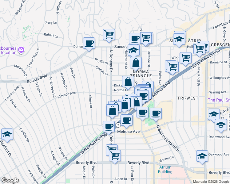 map of restaurants, bars, coffee shops, grocery stores, and more near 818 North Doheny Drive in West Hollywood