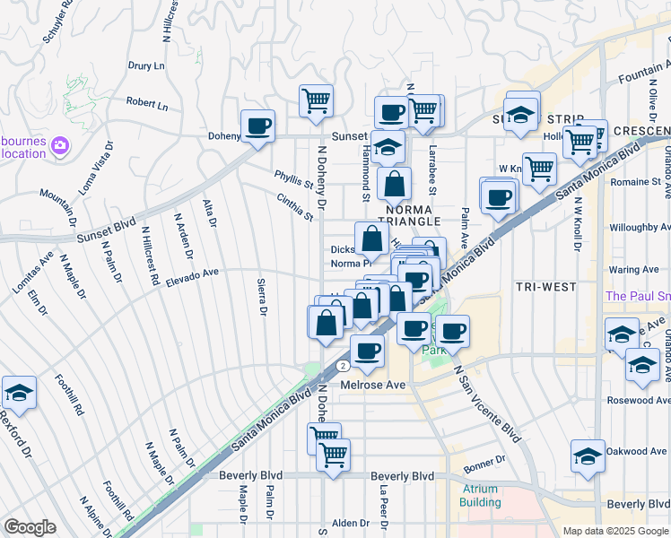 map of restaurants, bars, coffee shops, grocery stores, and more near 818 North Doheny Drive in West Hollywood