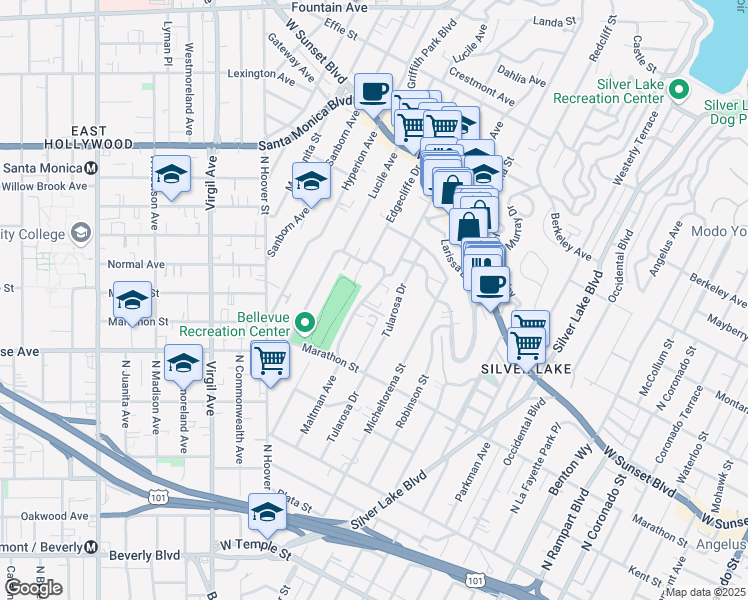 map of restaurants, bars, coffee shops, grocery stores, and more near 962 Maltman Avenue in Los Angeles