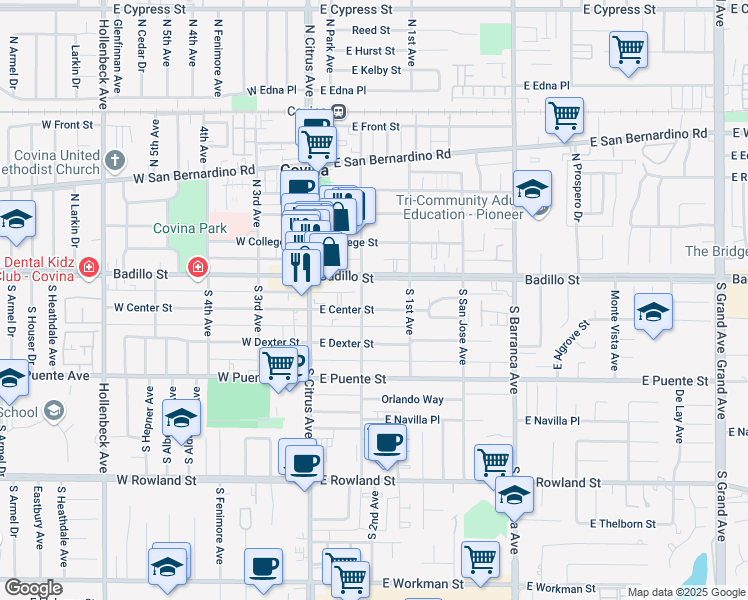 map of restaurants, bars, coffee shops, grocery stores, and more near 202 East Badillo Street in Covina