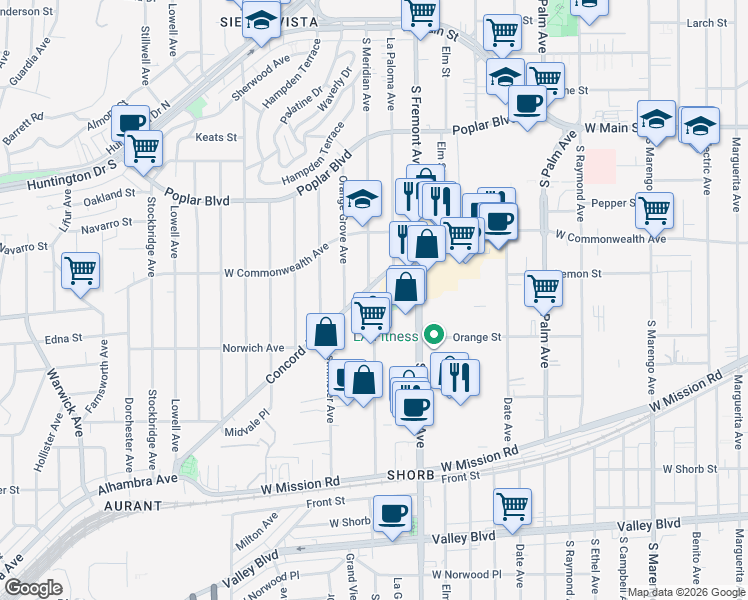 map of restaurants, bars, coffee shops, grocery stores, and more near in Alhambra