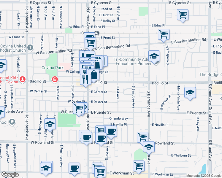 map of restaurants, bars, coffee shops, grocery stores, and more near 250 East Badillo Street in Covina