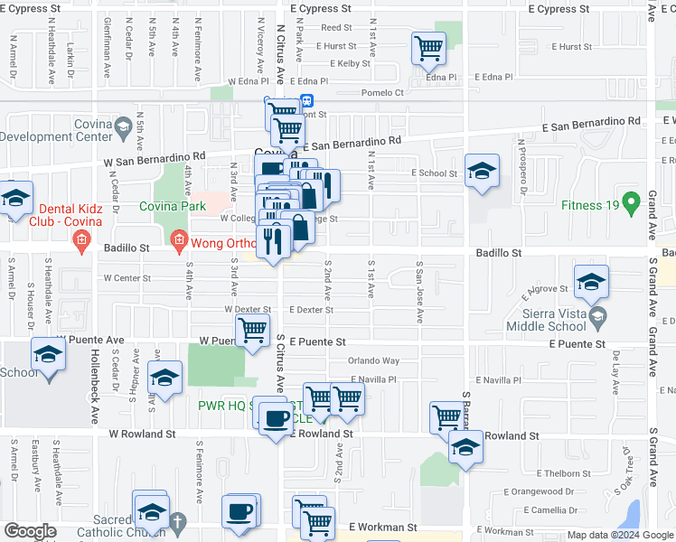 map of restaurants, bars, coffee shops, grocery stores, and more near 202 East Badillo Street in Covina
