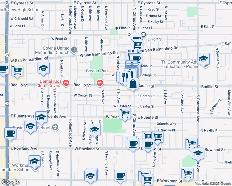 map of restaurants, bars, coffee shops, grocery stores, and more near 202 Badillo Street in Covina