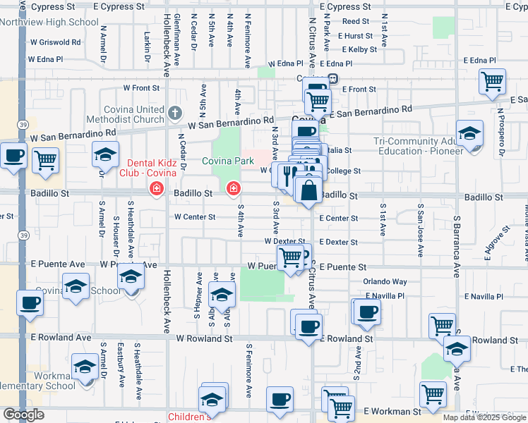 map of restaurants, bars, coffee shops, grocery stores, and more near 202 Badillo Street in Covina